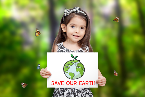 Girl with Save our planet sign, give a donation